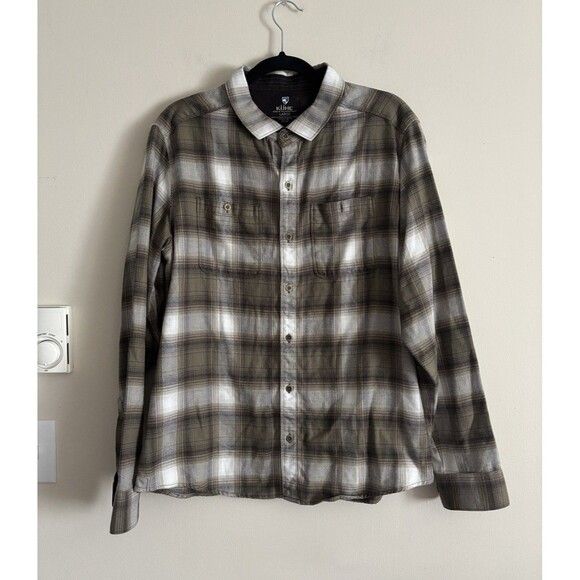 Kuhl The Law Flannel Shirt Mens Large Shadow Plaid Hiking Outdoor Green Brown - Picture 1 of 6